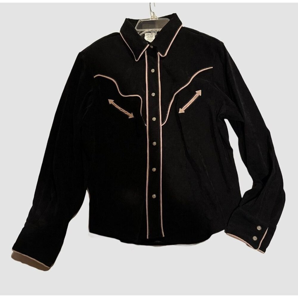 Vtg 90s Rough Rider Circle T Western Shirt Black Faux Suede Snap Front Size XL